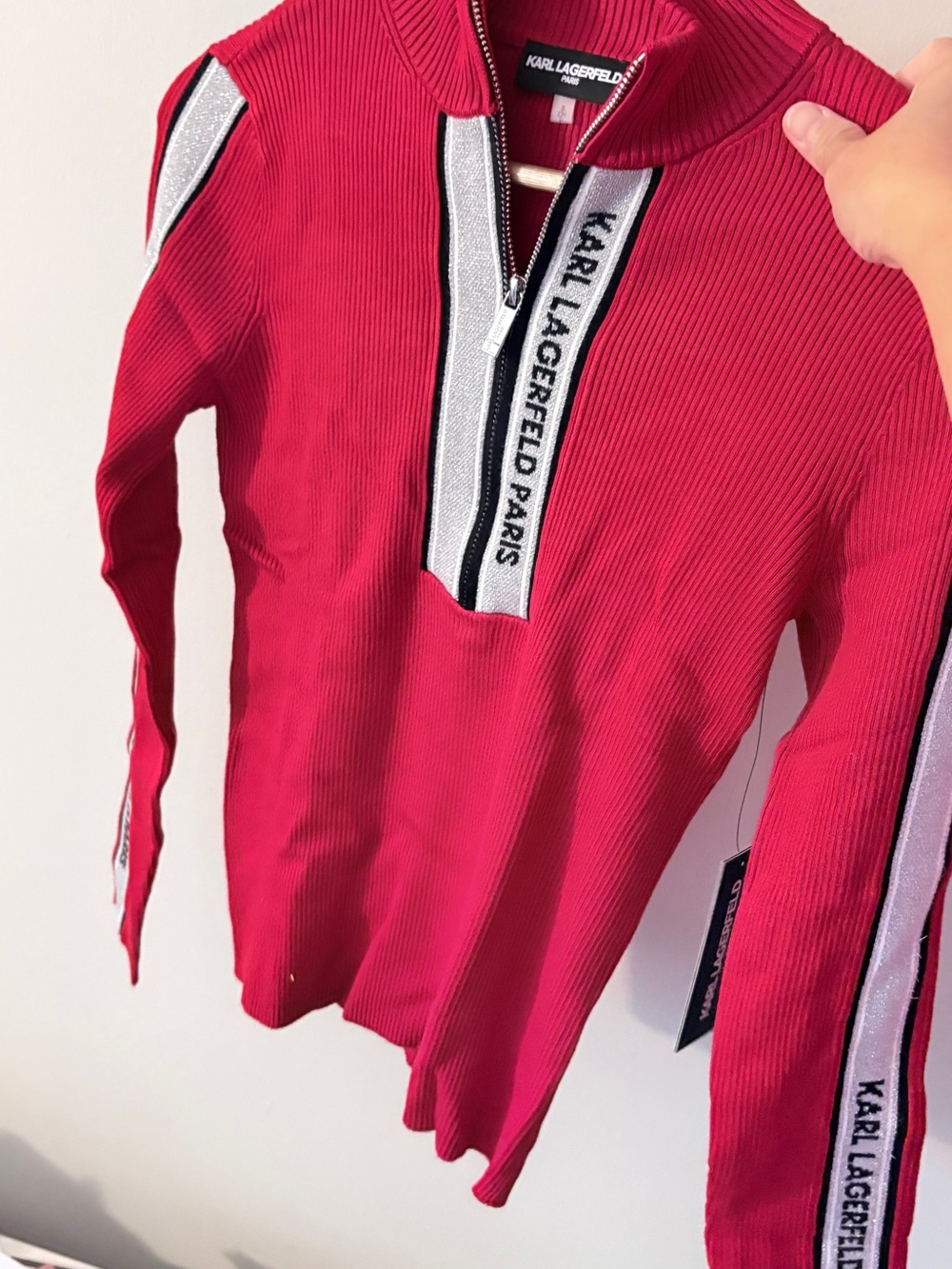 Karl Lagerfeld Red Ribbed Half-Zip Pullover with Logo Tape in small